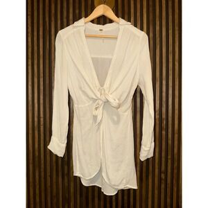 Free People Womens Ivory‎ Long Sleeve Tie Front Mini Dress Shirt Size S